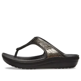 Zwarte koperkleurige teenslippers met dikke zool